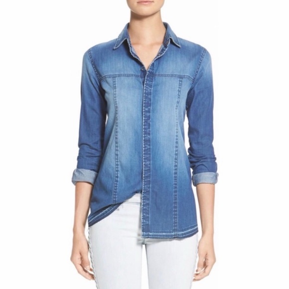 HUDSON BLUE BRITT LONG SLEEVE DENIM SHIRT FRAYED SIZE S